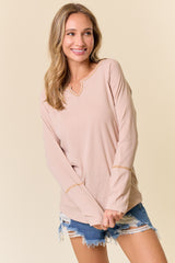 Beige V-Neck Maternity Long Sleeve Shirt