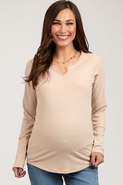 Beige V-Neck Maternity Long Sleeve Shirt