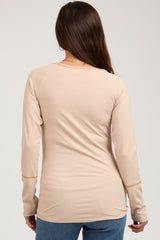 Beige V-Neck Maternity Long Sleeve Shirt