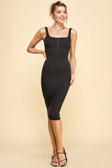 Black Ribbed Square Neck Low Back Sleeveless Maternity Midi Dress