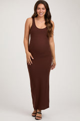 Dark Brown Sleeveless Striped Maternity Maxi Dress