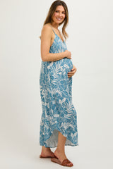 Blue Tropical Floral V-Neck Round Hem Maternity Jumpsuit