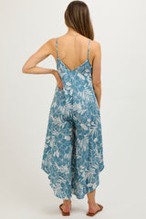 Blue Tropical Floral V-Neck Round Hem Maternity Jumpsuit