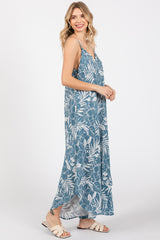 Blue Tropical Floral V-Neck Round Hem Jumpsuit