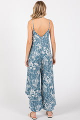 Blue Tropical Floral V-Neck Round Hem Jumpsuit