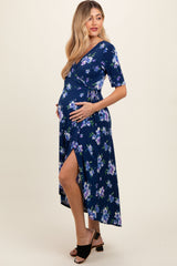 Navy Floral Short Sleeve Maternity Wrap Dress