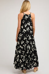 Black Bow Print Halter Front Tie Tiered Maternity Maxi Dress