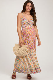 Multi-colored V-Neck Front Twist Maternity Maxi Dress