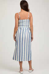 Blue Embroidered Striped Front Cutout Side Slit Maternity Midi Dress