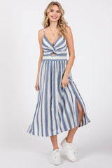 Blue Embroidered Striped Front Cutout Side Slit Midi Dress