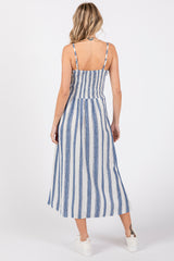 Blue Embroidered Striped Front Cutout Side Slit Midi Dress