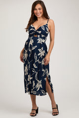 Navy Blue Floral Front Twist Maternity Midi Dress