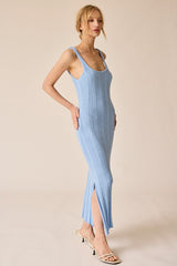 Light Blue Rib Knit Side Slit Maxi Dress