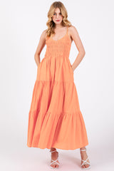 Orange Smocked V-Neck Sleeveless Tiered Maternity Midi Dress