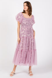 Mauve Floral Lined Smocked Tulle Midi Dress