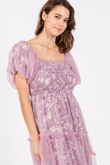 Mauve Floral Lined Smocked Tulle Midi Dress