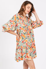 Peach Fruit Print Long Sleeve Tiered Dress