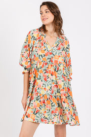 Peach Fruit Print Long Sleeve Tiered Dress