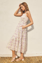 Lavender Floral Smocked Square Neck Ruffle Tiered Midi Dress