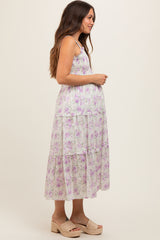 Lavender Floral Smocked Square Neck Ruffle Tiered Maternity Midi Dress