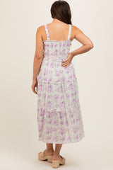 Lavender Floral Smocked Square Neck Ruffle Tiered Maternity Midi Dress