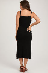 Black Square Neck Ribbed Sleeveless Maternity Midi Dress