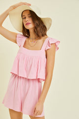 Pink Gauze Square Neck Romper With Mini Ruffles