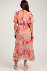 Coral Pink Floral Ruffle Accent Maternity Midi Dress