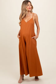 Rust V-Neck Sleeveless Wide Leg Maternity Jumpsuit