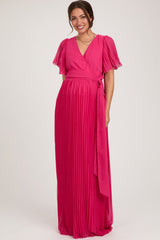 Fuchsia Chiffon Wrap Front V-Neck Short Sleeve Pleated Maternity Maxi Dress