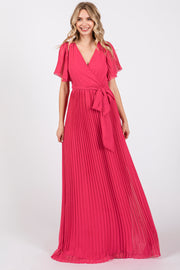 Fuchsia Chiffon Wrap Front V-Neck Short Sleeve Pleated Maxi Dress