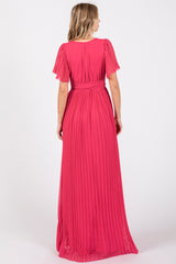 Fuchsia Chiffon Wrap Front V-Neck Short Sleeve Pleated Maxi Dress