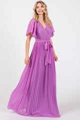 Lavender Chiffon Wrap Front V-Neck Short Sleeve Pleated Maternity Maxi Dress