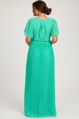 Aqua Chiffon Wrap Front V-Neck Short Sleeve Pleated Maternity Maxi Dress