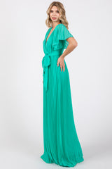 Aqua Chiffon Wrap Front V-Neck Short Sleeve Pleated Maxi Dress