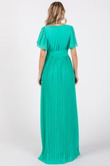 Aqua Chiffon Wrap Front V-Neck Short Sleeve Pleated Maxi Dress