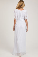 White Chiffon Wrap Front V-Neck Short Sleeve Pleated Maternity Maxi Dress