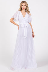 White Chiffon Wrap Front V-Neck Short Sleeve Pleated Maternity Maxi Dress