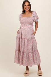 Light Pink Floral Smocked Tiered Puff Sleeve Maternity Maxi Dress