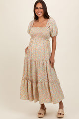 Cream Floral Smocked Tiered Puff Sleeve Maternity Maxi Dress