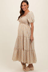 Cream Floral Smocked Tiered Puff Sleeve Maternity Maxi Dress