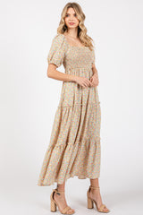 Cream Floral Smocked Tiered Puff Sleeve Maxi Dress