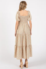 Cream Floral Smocked Tiered Puff Sleeve Maxi Dress