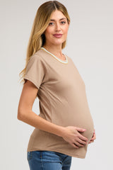 Taupe Contrast Neck Band Short Sleeve Maternity Top