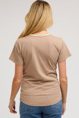 Taupe Contrast Neck Band Short Sleeve Maternity Top