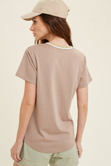 Taupe Contrast Neck Band Short Sleeve Top