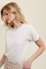 Ivory Contrast Neck Band Short Sleeve Top