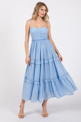 Light Blue Sleeveless Pleated Ruffle Tiered Maternity Midi Dress