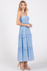 Light Blue Sleeveless Pleated Ruffle Tiered Midi Dress