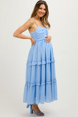 Light Blue Sleeveless Pleated Ruffle Tiered Maternity Midi Dress